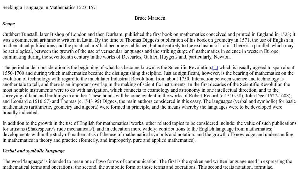 Screenshot of tyndale.org: Seeking a Language in Mathematics 1523-1571