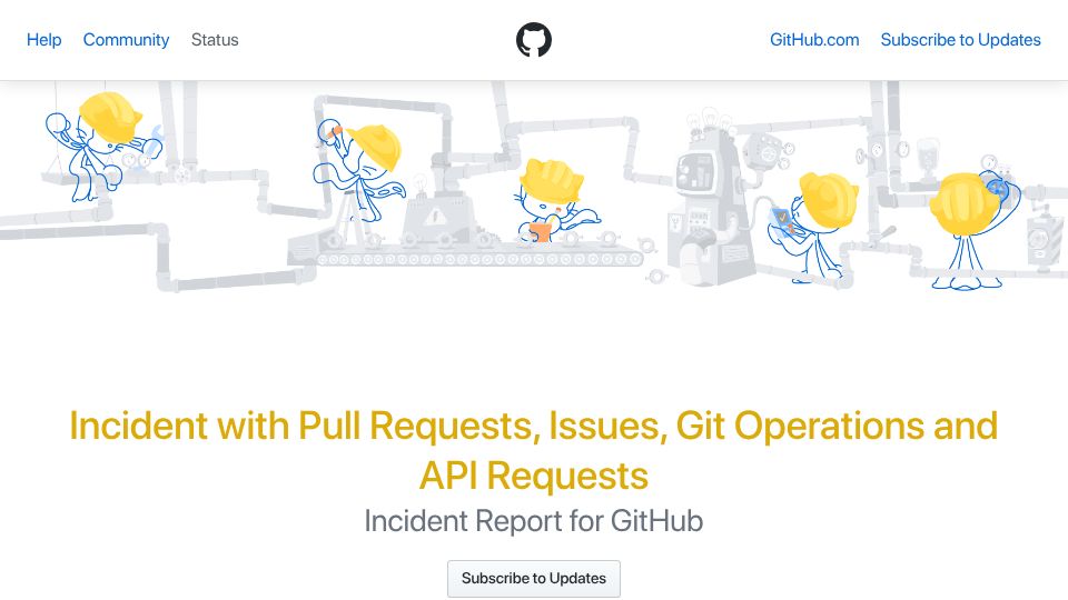 Screenshot of githubstatus.com: Incident with Pull Requests, Issues, Git Operations and API Requests