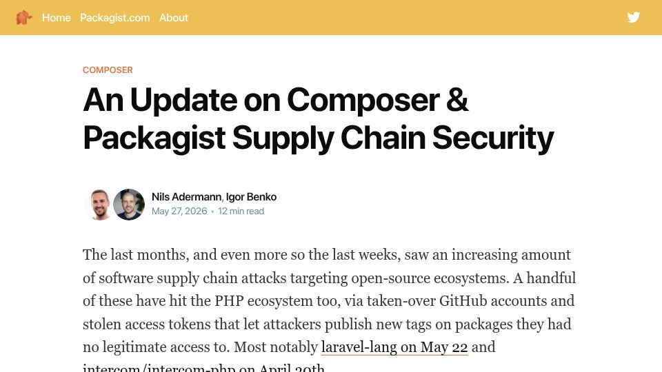 Screenshot of blog.packagist.com: An Update on Composer and Packagist Supply Chain Security