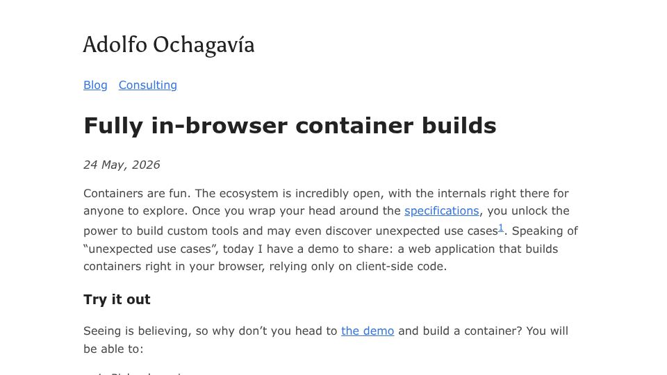 Screenshot of ochagavia.nl: Fully in-browser container builds