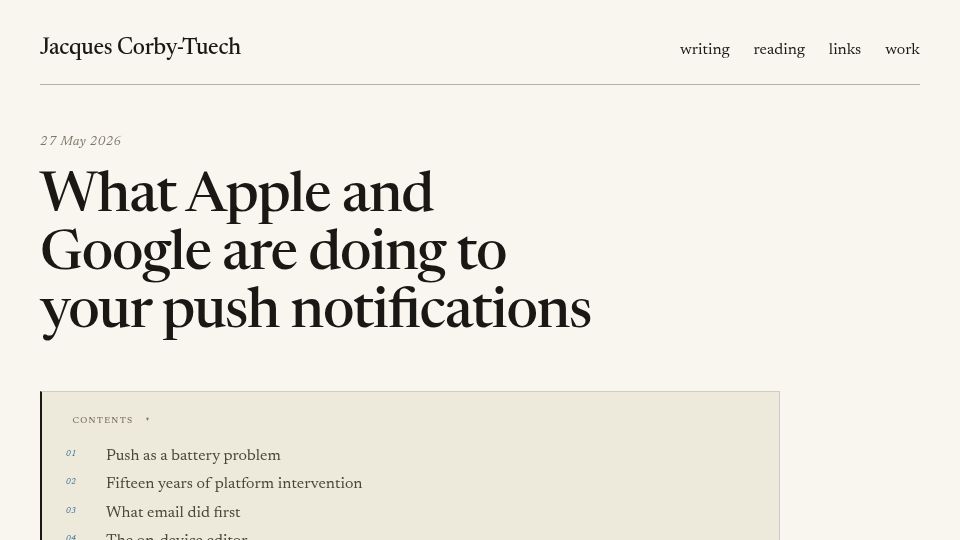 Screenshot of jacquescorbytuech.com: What Apple and Google are doing to push notifications