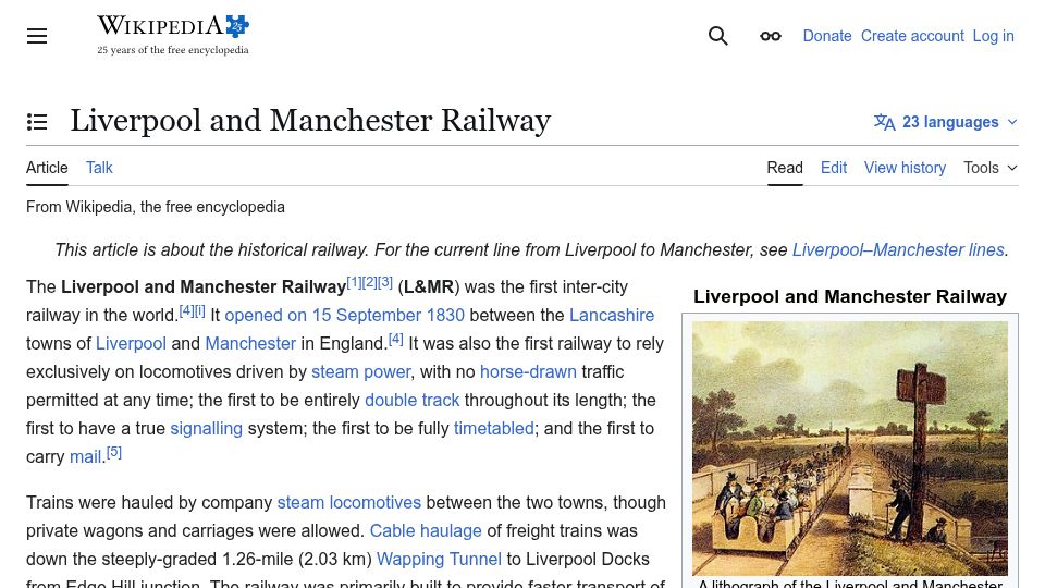 Screenshot of en.wikipedia.org: Liverpool and Manchester Railway