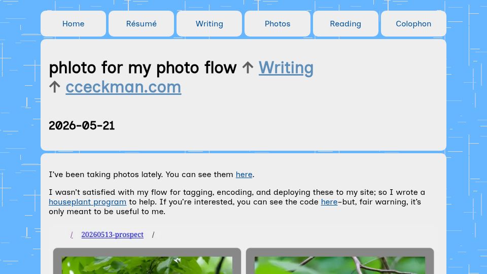 Screenshot of cceckman.com: Phloto for My Photo Flow