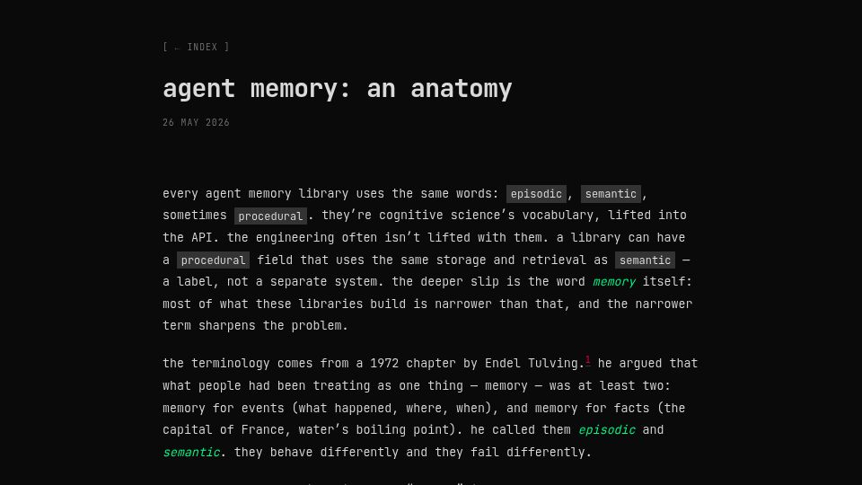 Screenshot of brgsk.xyz: Agent Memory: An Anatomy