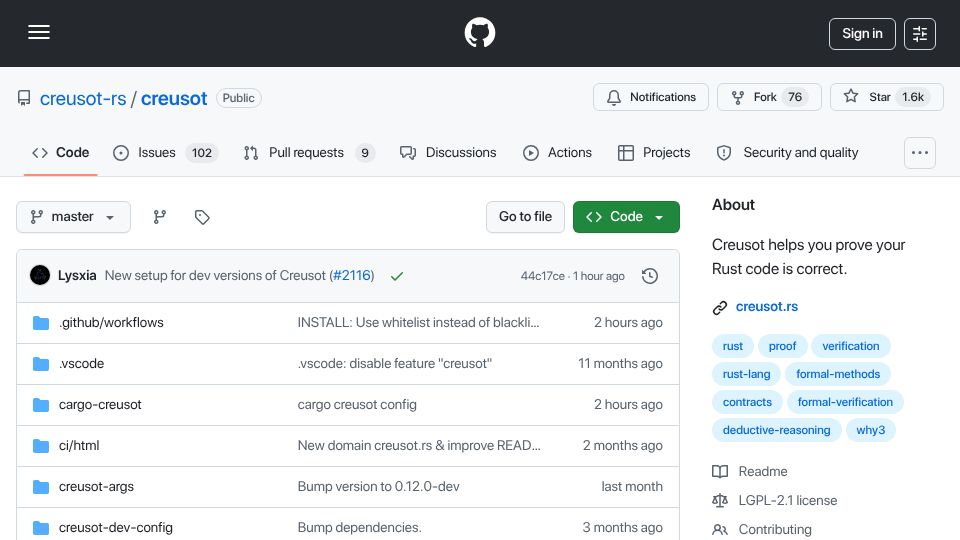 Screenshot of github.com: Creusot helps you prove your Rust code is correct