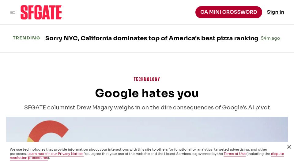 Screenshot of sfgate.com: Google Hates You