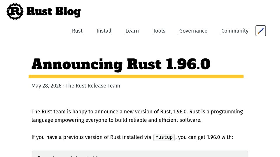 Screenshot of blog.rust-lang.org: Announcing Rust 1.96