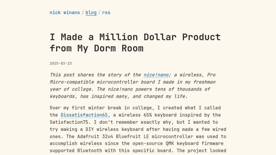Screenshot of nick.winans.io: I made a million dollar product from my dorm room (2025)
