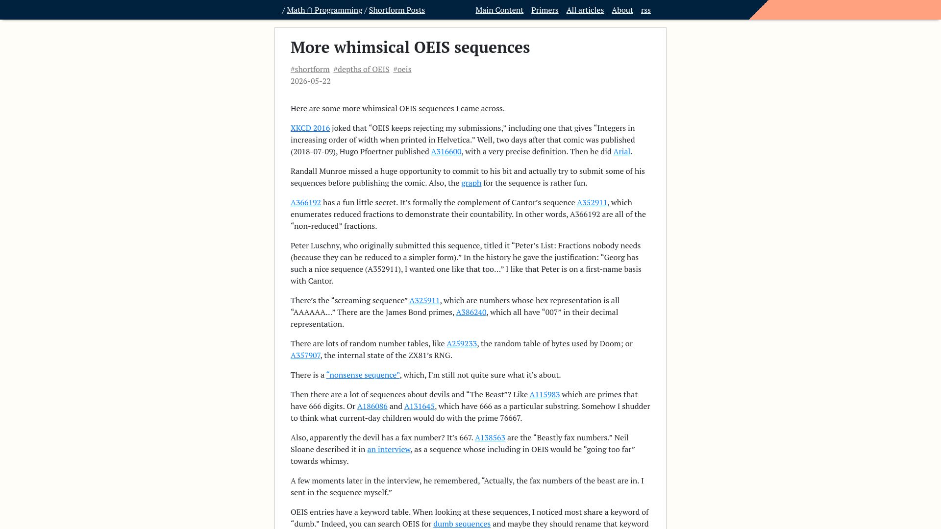 Screenshot of jeremykun.com: More Whimsical OEIS Sequences