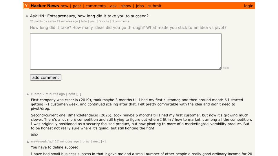 Screenshot of Hacker News post: Ask HN: Entrepreneurs, how long did it take you to succeed?