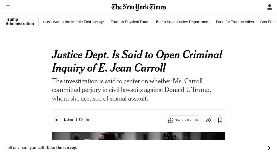 Screenshot of nytimes.com: Justice Dept. Is Said to Open Criminal Inquiry of E. Jean Carroll