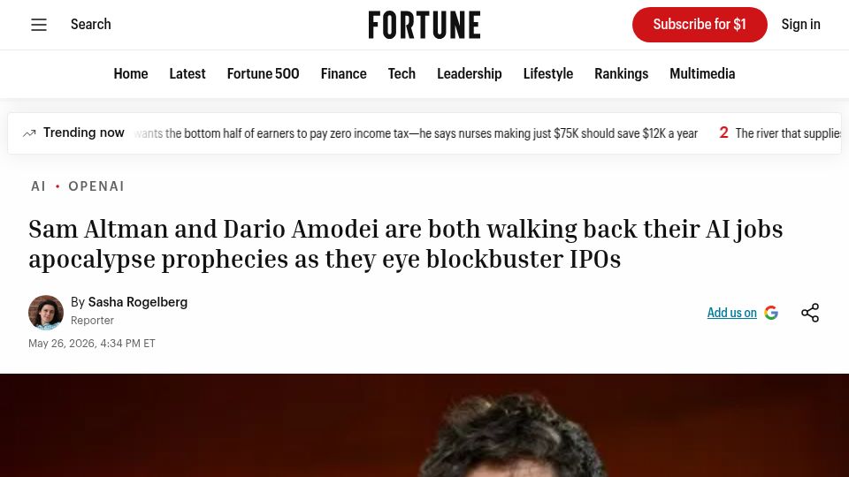 Screenshot of fortune.com: Sam Altman and Dario Amodei are both walking back AI jobs apocalypse predictions