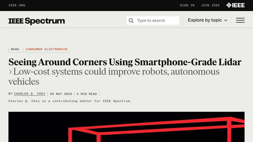 Screenshot of spectrum.ieee.org: Seeing Around Corners Using Smartphone-Grade Lidar