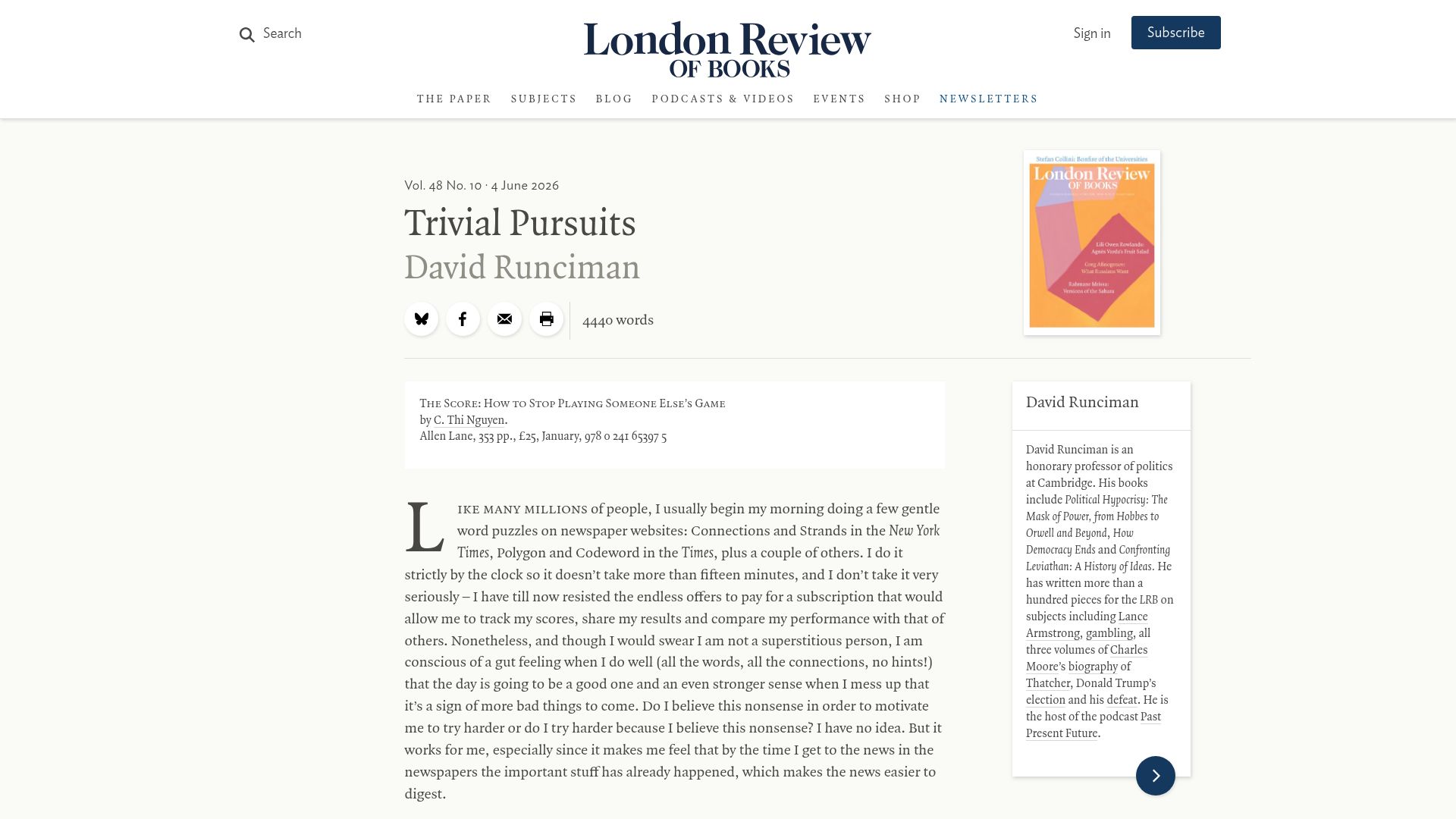 Screenshot of lrb.co.uk: Trivial Pursuits