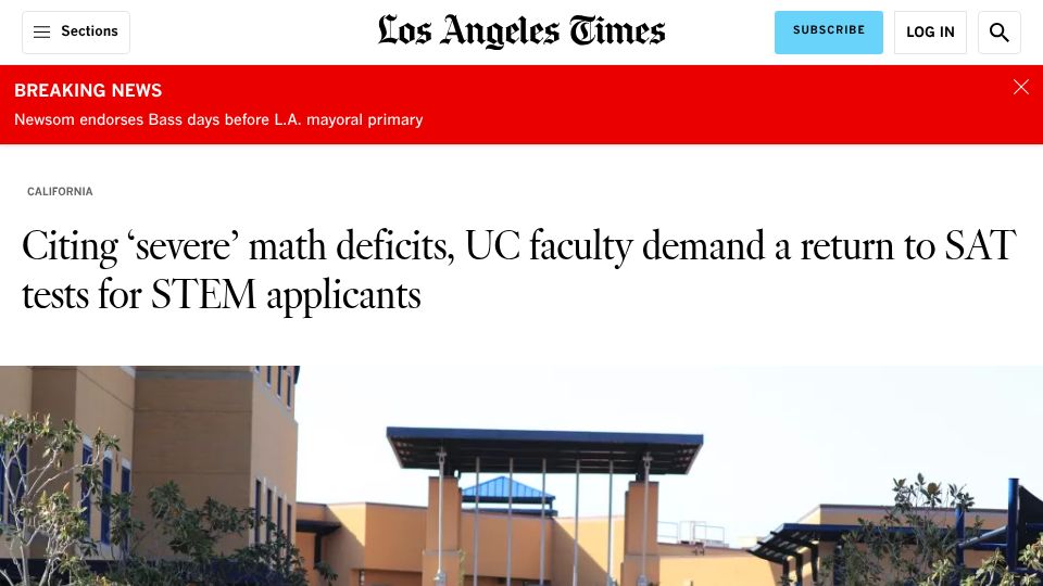 Screenshot of latimes.com: Citing 'severe' math deficits, UC faculty demand a return to SAT tests for STEM