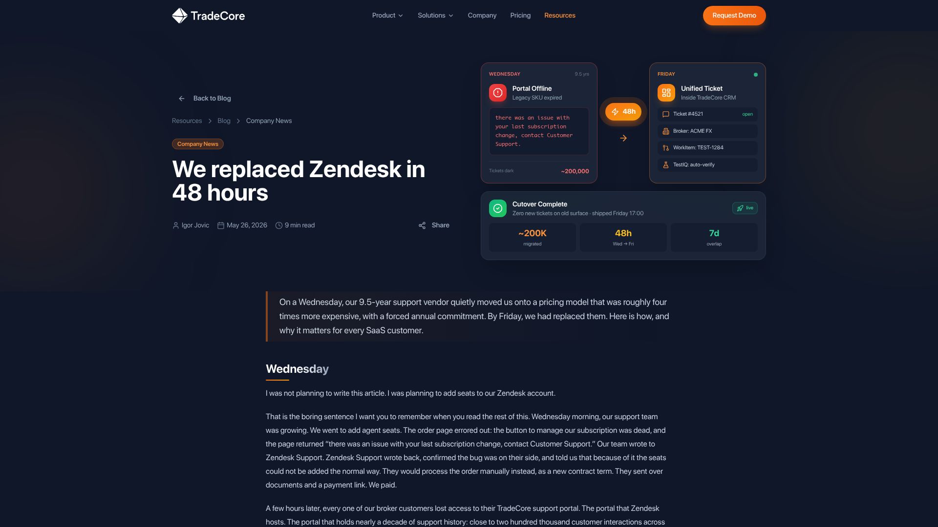 Screenshot of tradecore.com: We replaced Zendesk