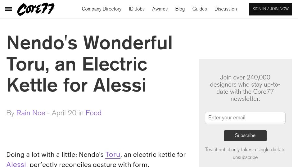 Screenshot of core77.com: Nendo's Wonderful Toru, an Electric Kettle for Alessi