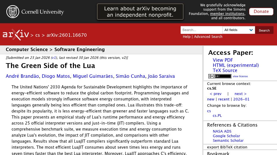 Screenshot of arxiv.org: The Green Side of the Lua