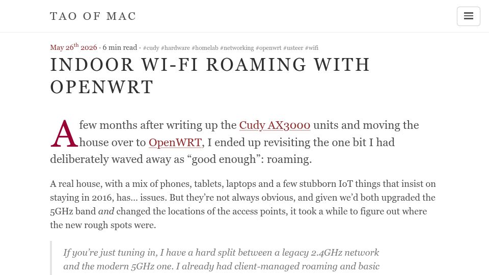 Screenshot of taoofmac.com: Indoor Wi-Fi Roaming with OpenWRT