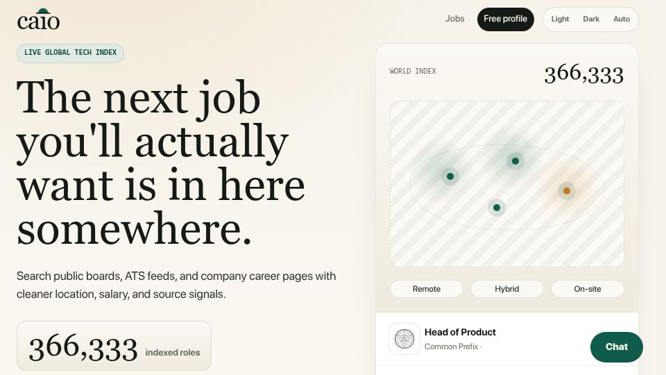 Screenshot of caio-jobs.com: Caio, a cleaner search engine for 500k+ tech jobs