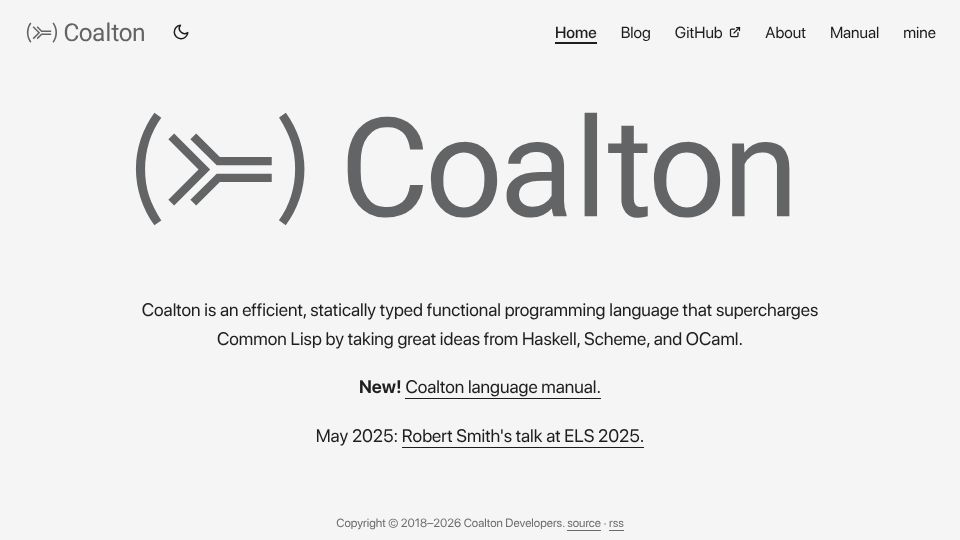 Screenshot of coalton-lang.github.io: Coalton is an efficient, statically typed Lisp with ideas from Haskell and OCaml