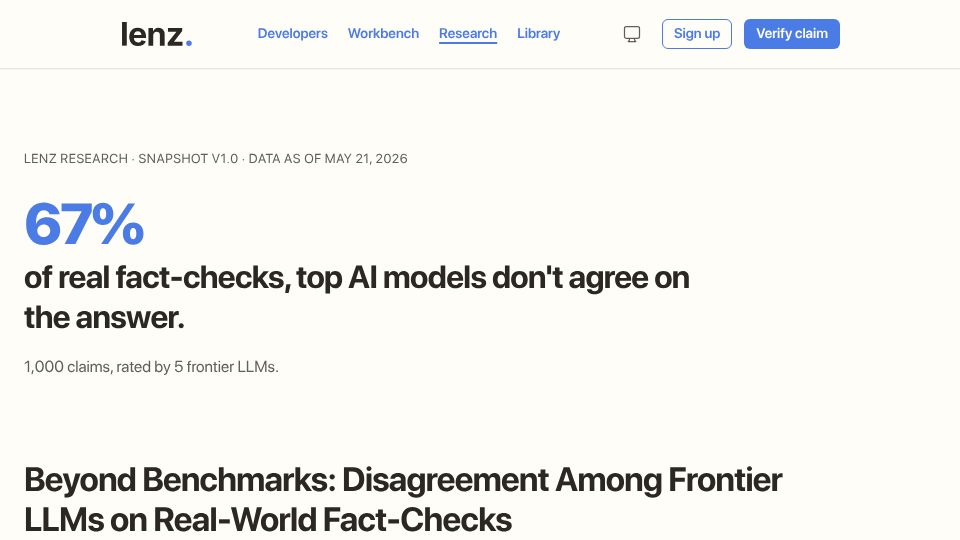 Screenshot of lenz.io: Disagreement among frontier LLMs on real-world fact-checks