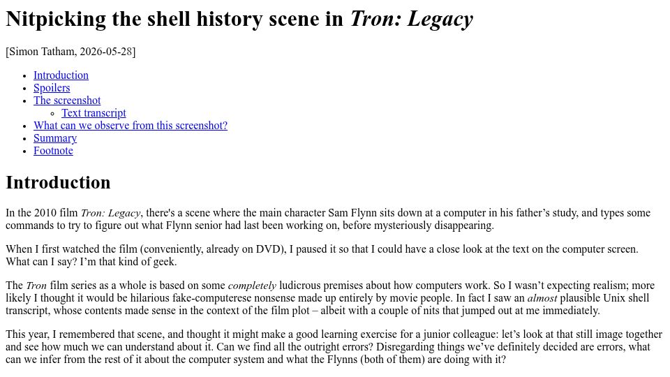 Screenshot of chiark.greenend.org.uk: Nitpicking the shell history scene in 'Tron: Legacy'