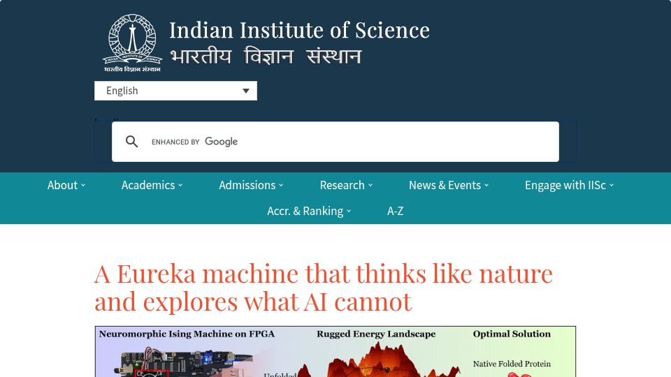 Screenshot of iisc.ac.in: A Eureka machine that thinks like nature and explores what AI cannot