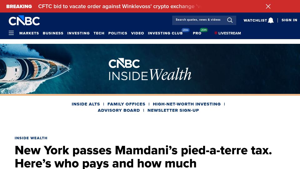 Screenshot of cnbc.com: New York passes pied-a-terre tax