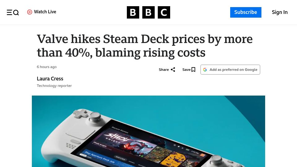 Screenshot of bbc.com: Valve hikes Steam Deck prices by more than 40%, blaming rising costs