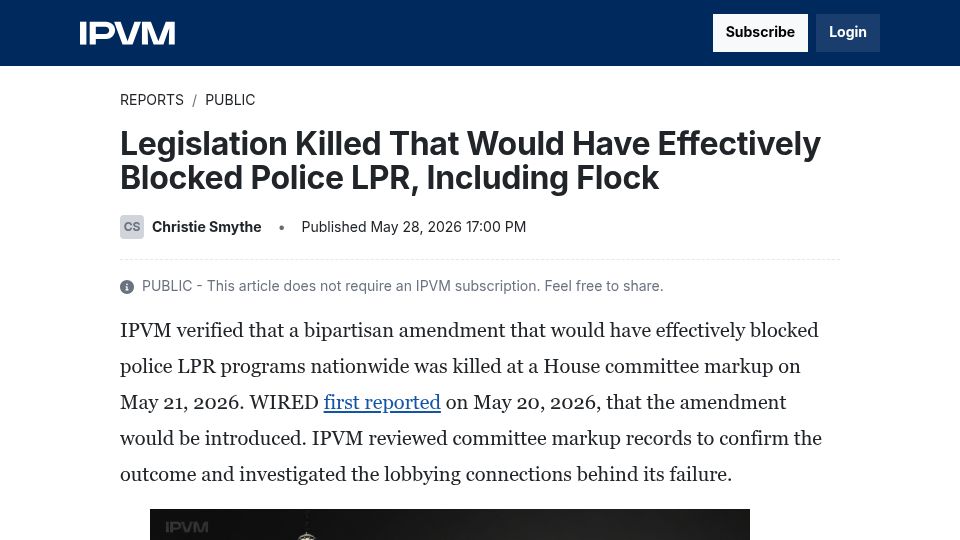Screenshot of ipvm.com: Legislation Killed Would Have Effectively Blocked Police LPR, Including Flock