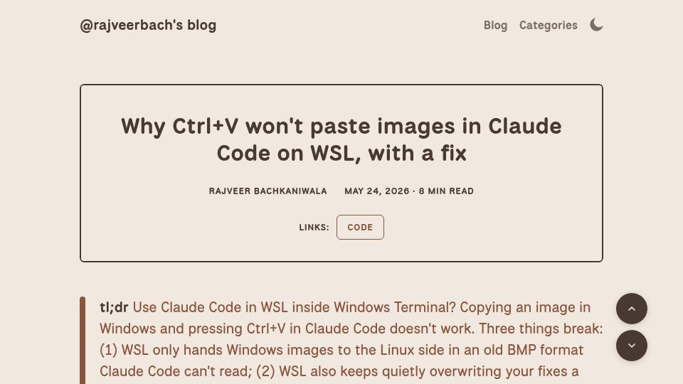 Screenshot of rajveerbachkaniwala.com: Why Ctrl+V won't paste images in Claude Code on WSL, with a fix
