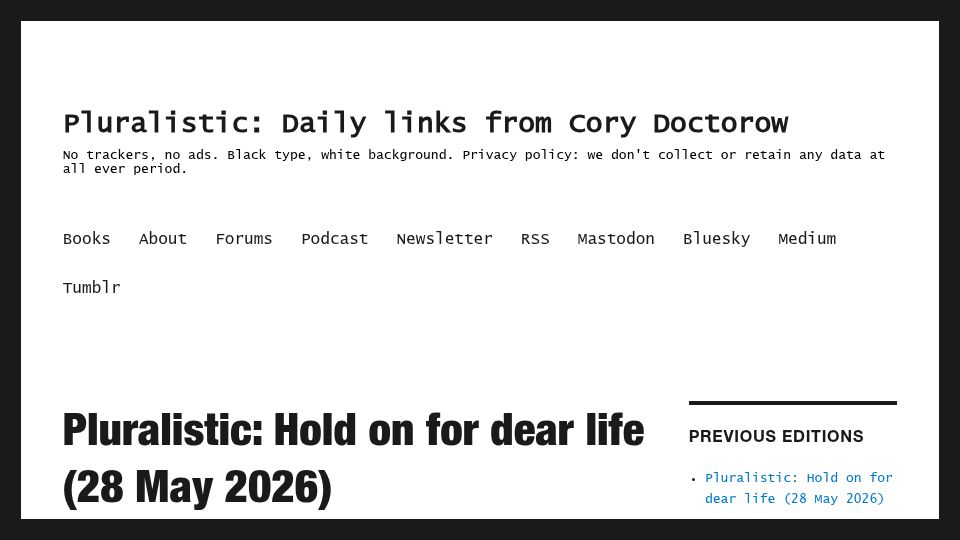 Screenshot of pluralistic.net: Hold on for Dear Life