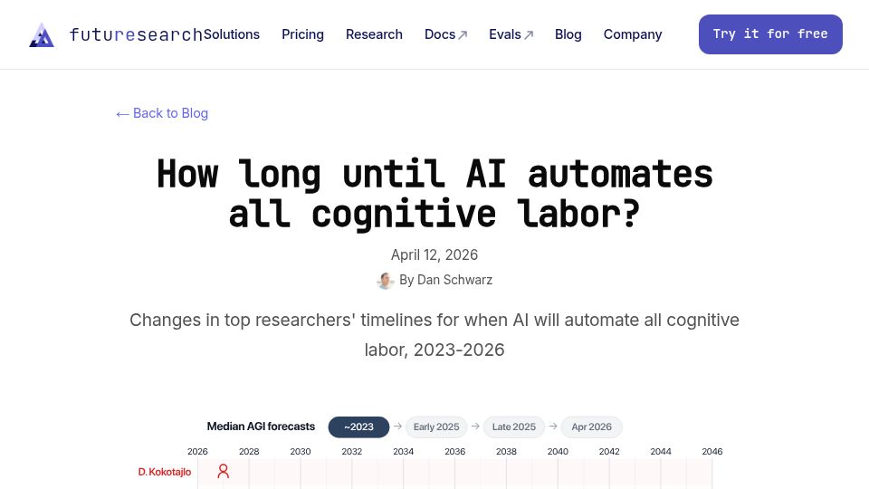 Screenshot of futuresearch.ai: How long until AI automates all cognitive labor?