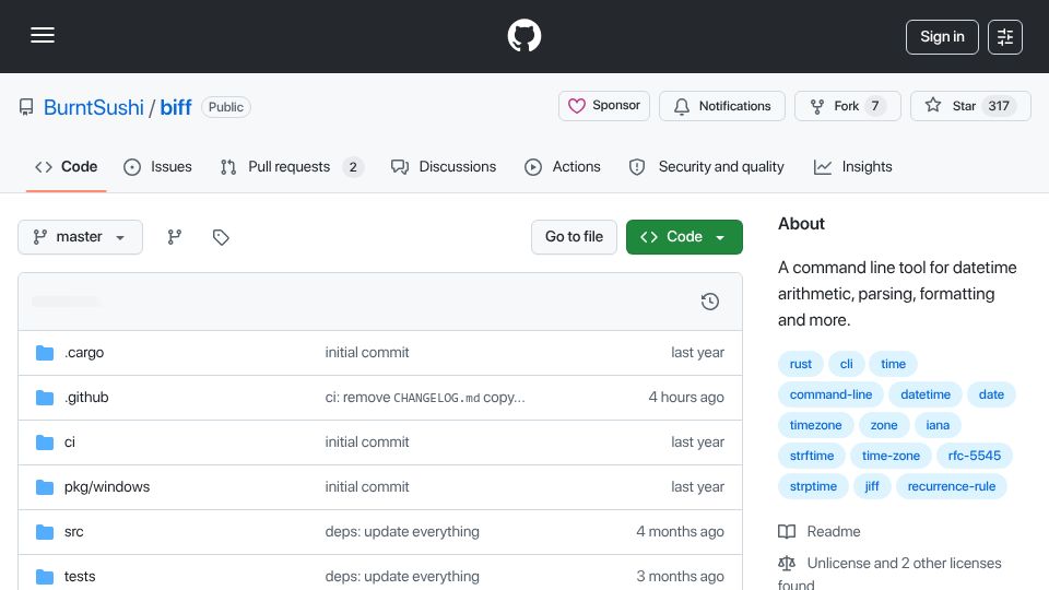 Screenshot of github.com: Bttf is a command line datetime Swiss army knife