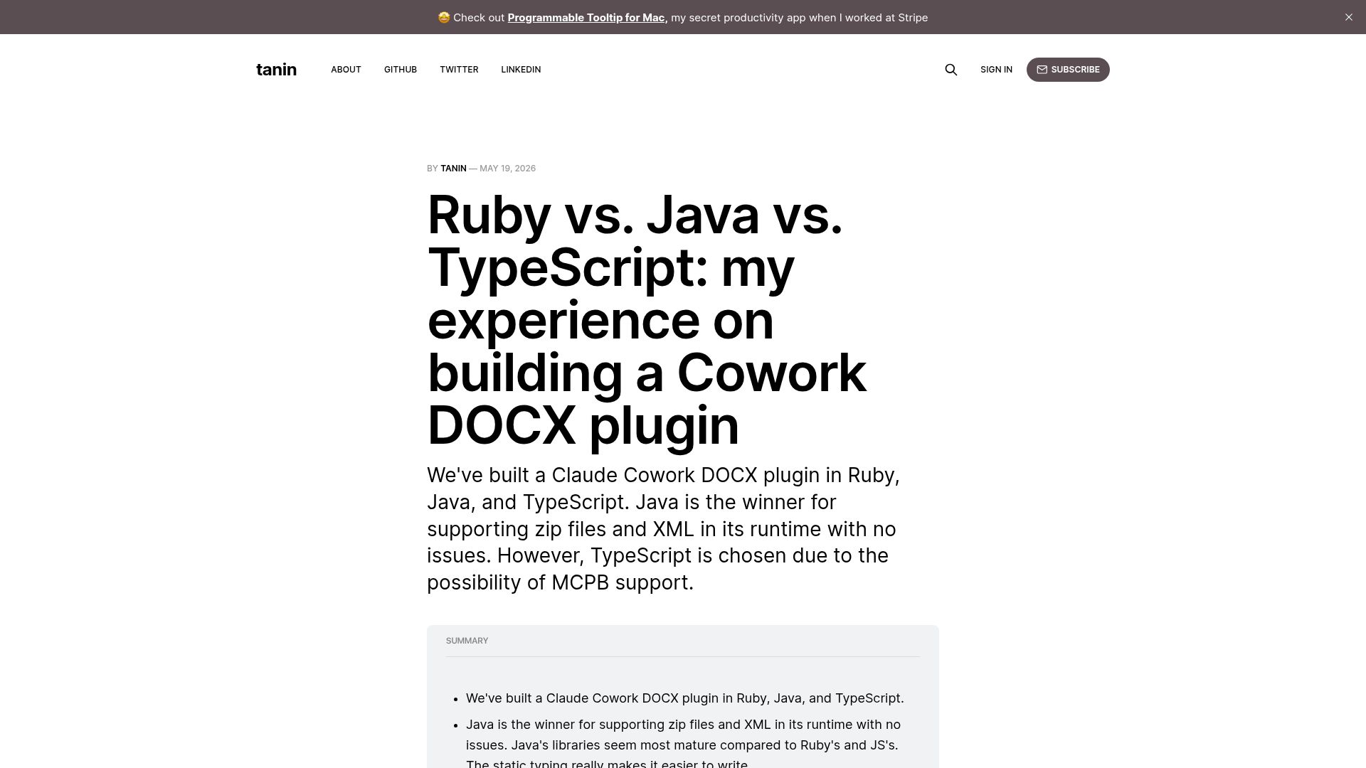 Screenshot of tanin.nanakorn.com: Ruby vs. Java vs. TypeScript: my experience on building a Cowork DOCX plugin