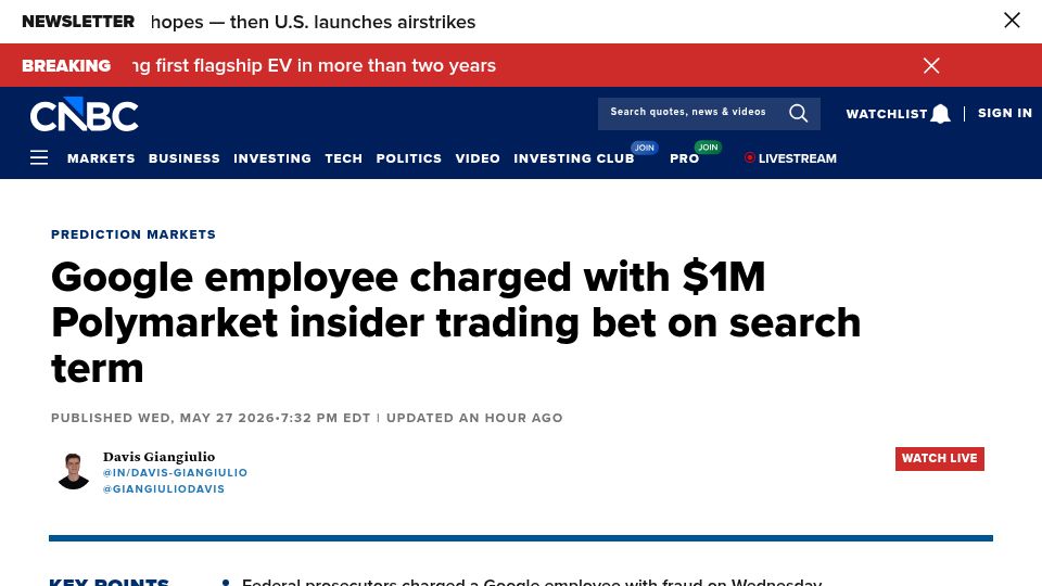 Screenshot of cnbc.com: Google employee charged with $1M Polymarket insider trading bet on search term