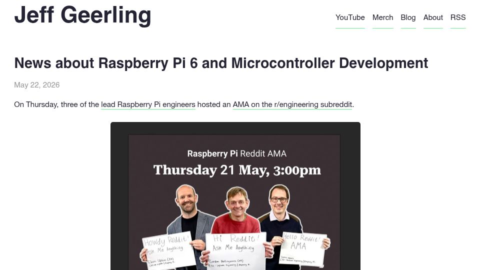Screenshot of jeffgeerling.com: News about Raspberry Pi 6 and Microcontroller Development