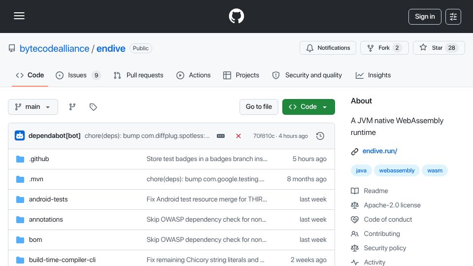 Screenshot of github.com: Endive: A JVM native WebAssembly runtime