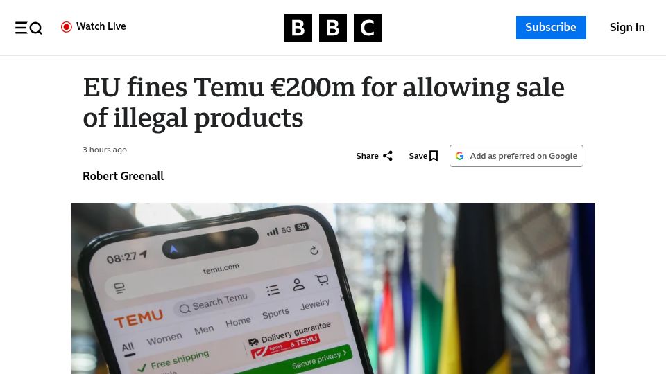 Screenshot of bbc.co.uk: EU fines Temu €200M for allowing sale of illegal products