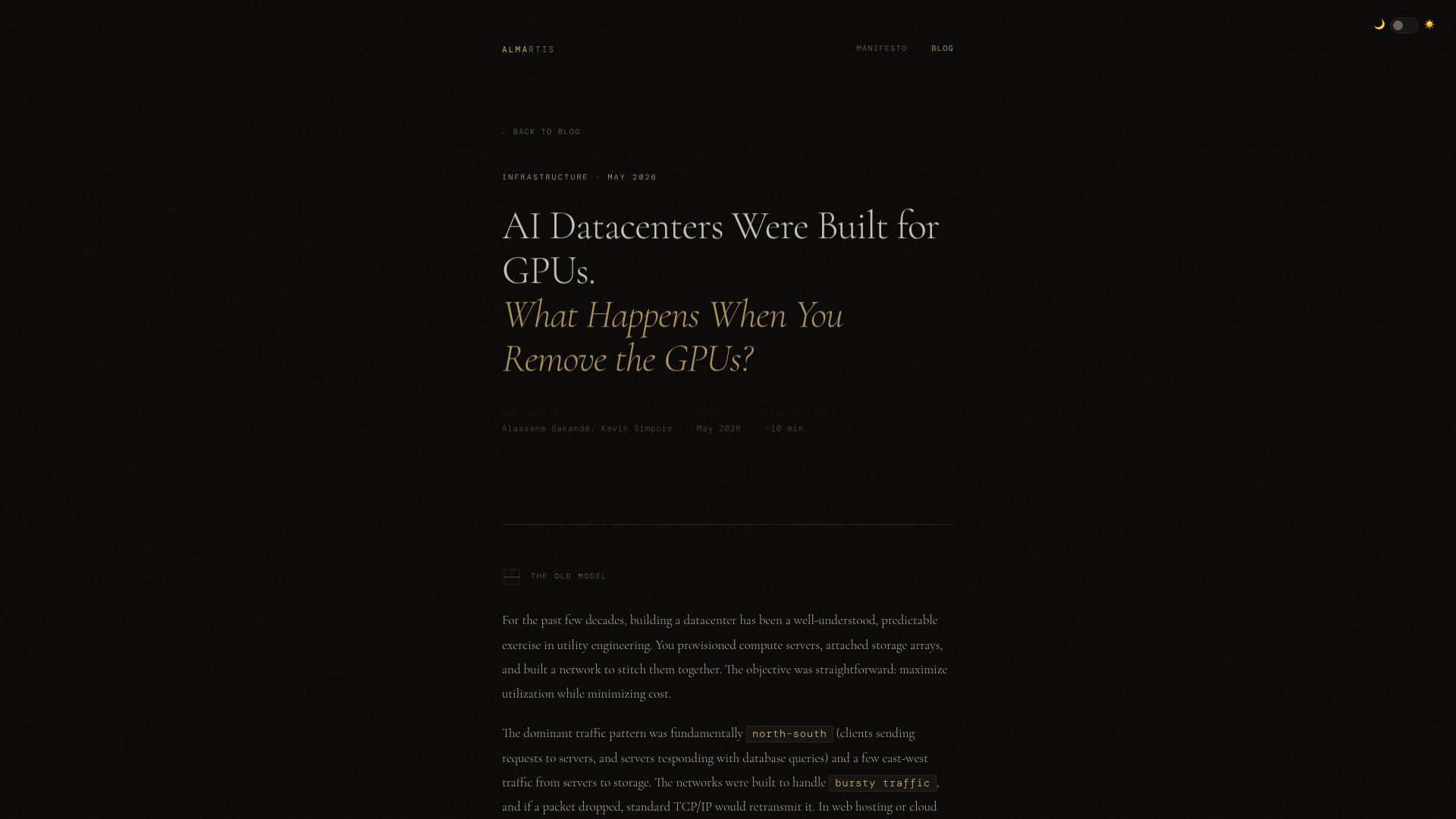 Screenshot of almartis.xyz: AI Datacenters Were Built for GPUs. What Happens When You Remove the GPUs?