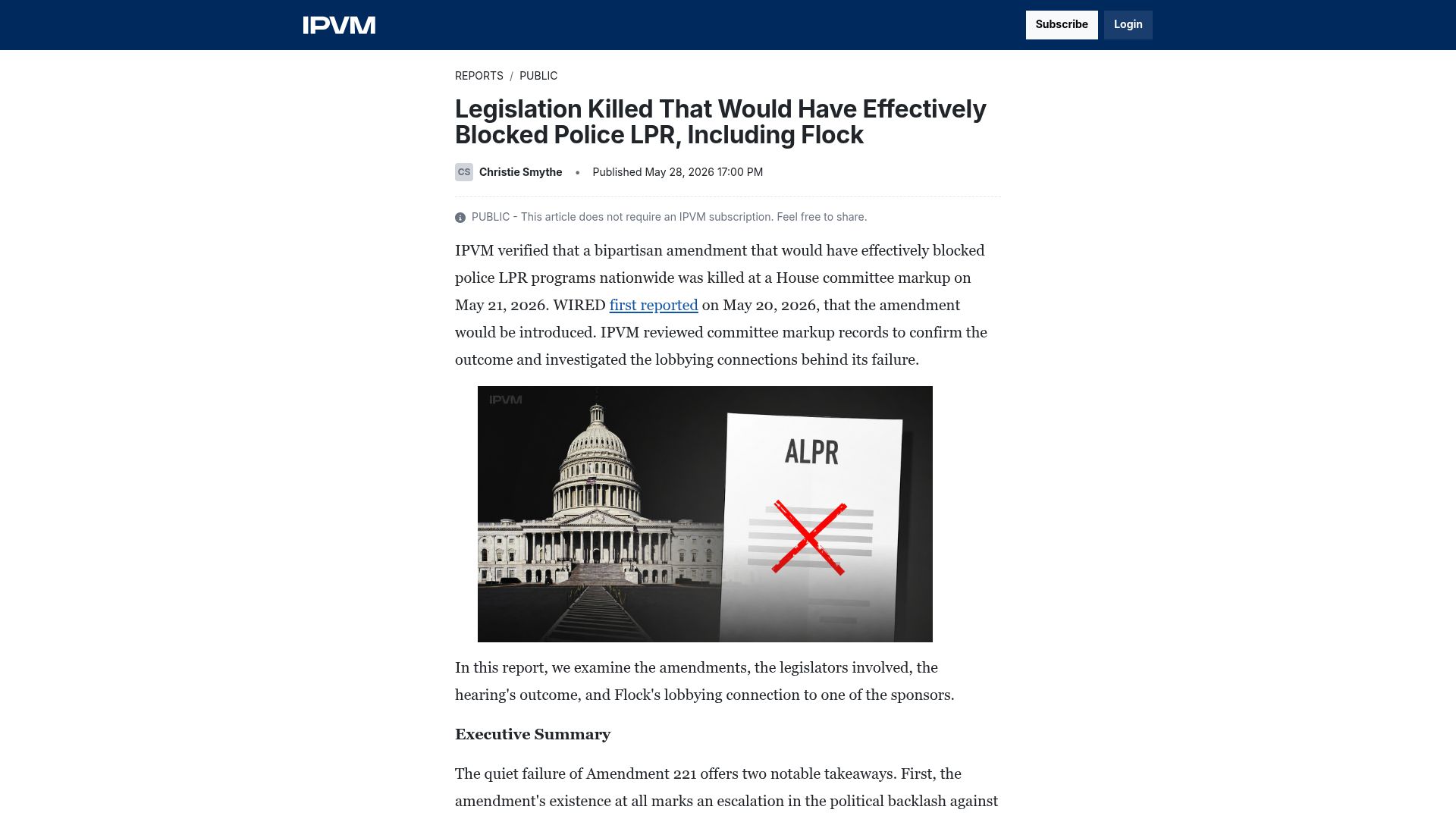 Screenshot of ipvm.com: Legislation Killed Would Have Effectively Blocked Police LPR, Including Flock