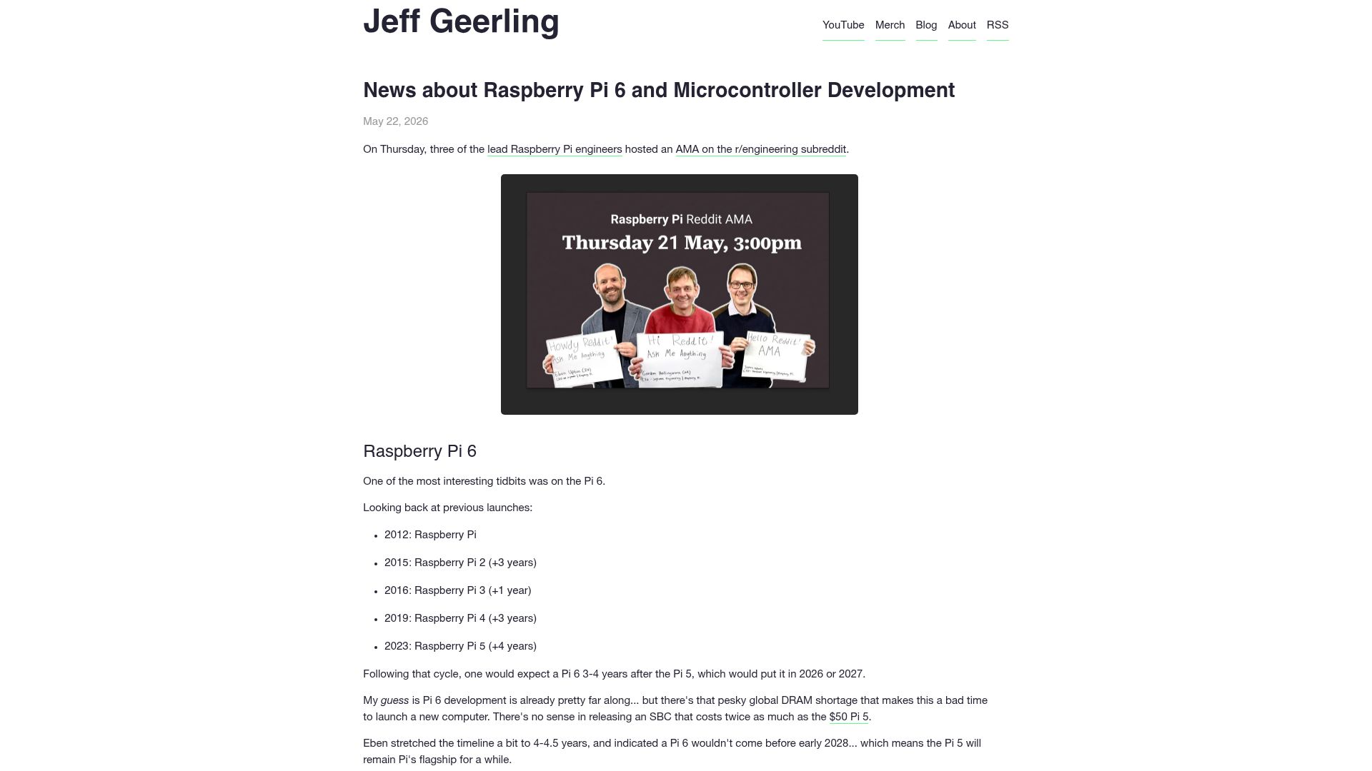 Screenshot of jeffgeerling.com: News about Raspberry Pi 6 and Microcontroller Development