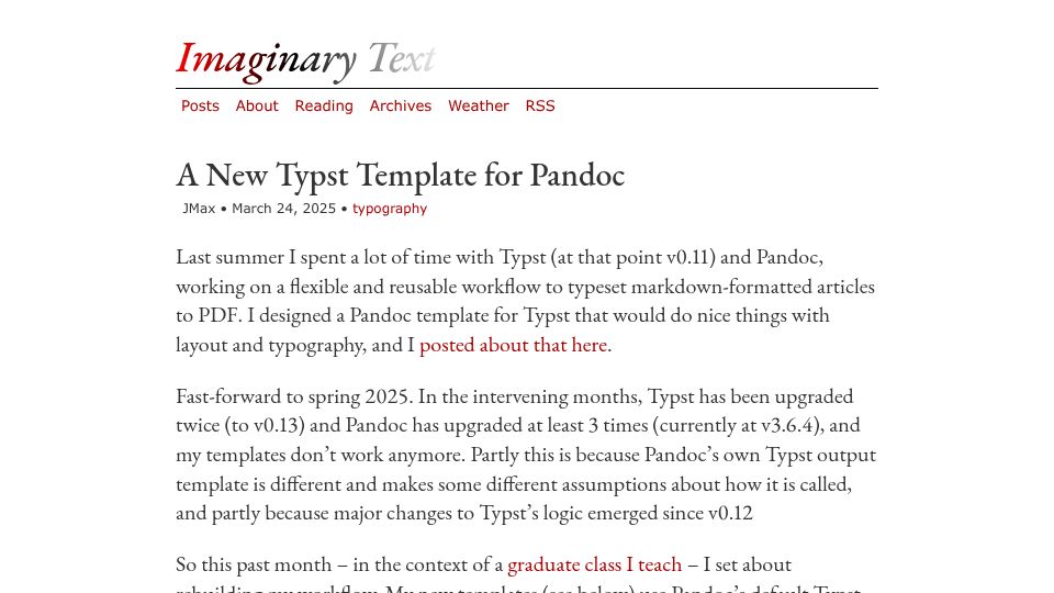 Screenshot of imaginarytext.ca: A New Typst Template for Pandoc (2025)