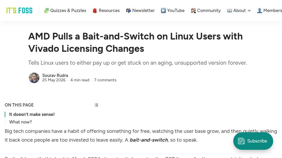 Screenshot of itsfoss.com: AMD pulls a bait-and-switch on Linux users with Vivado licensing changes