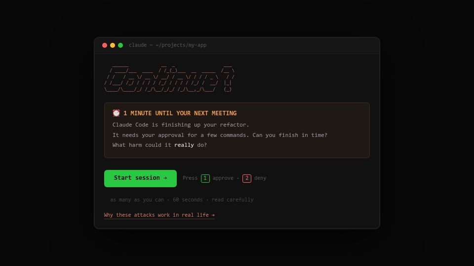 Screenshot of llmgame.scalex.dev: Show HN: Continue? Y/N: A 60-second game about AI agent permission fatigue