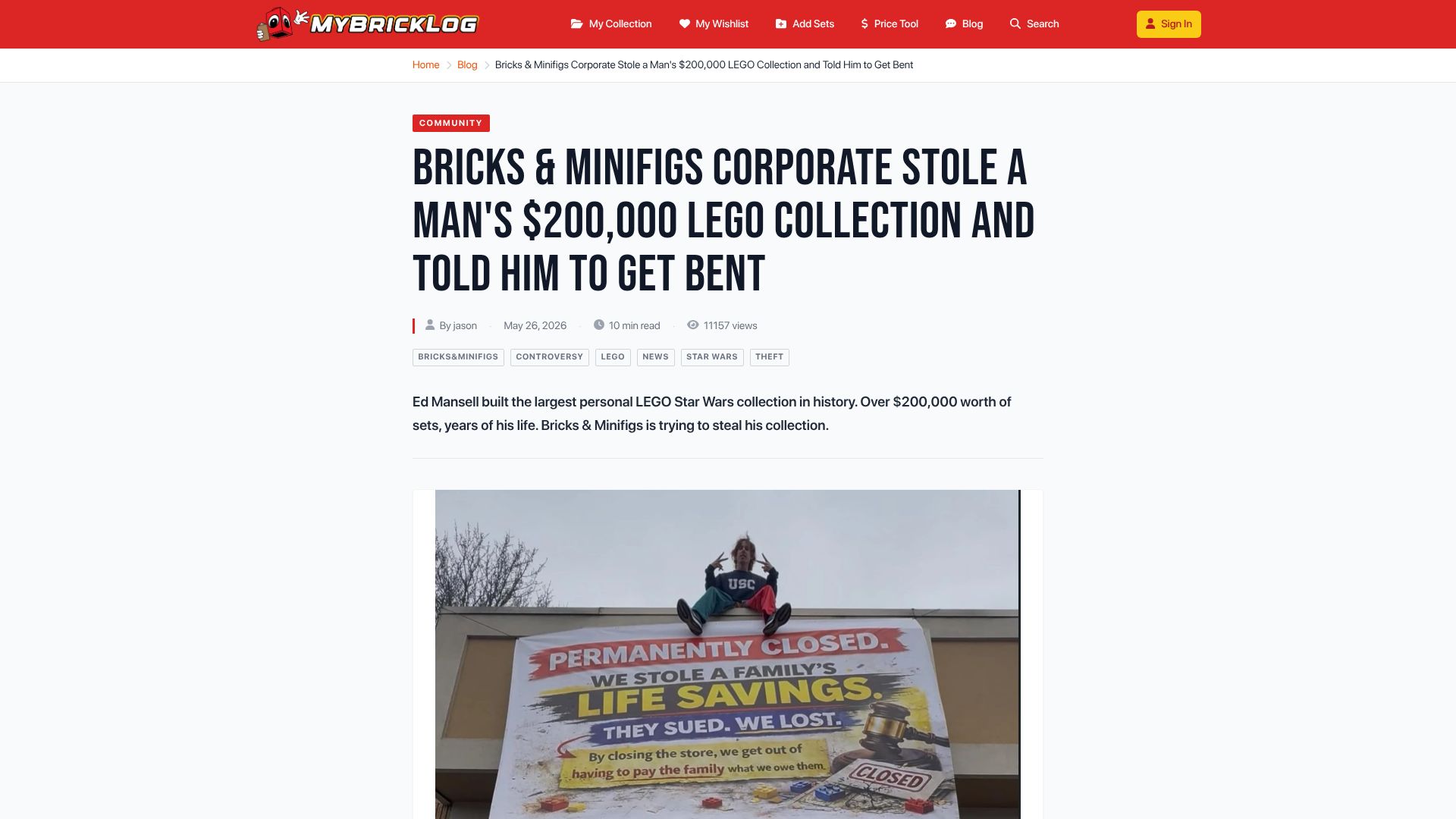 Screenshot of mybricklog.com: Bricks and Minifigs Stole a Man's $200k Lego Collection