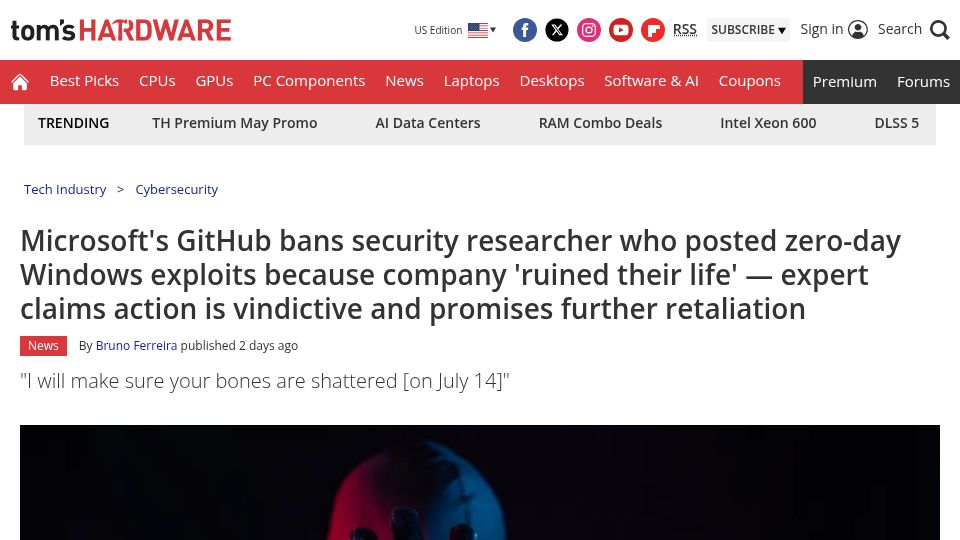 Screenshot of tomshardware.com: GitHub bans security researcher who posted zero-day Windows exploits