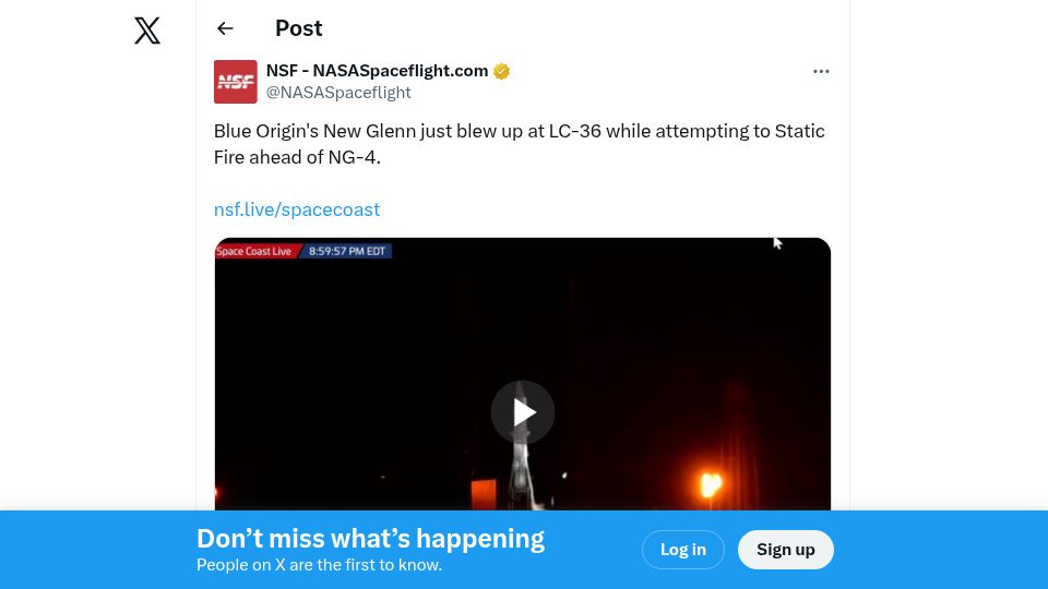 Screenshot of twitter.com: Blue Origin's New Glenn blows up during static fire test