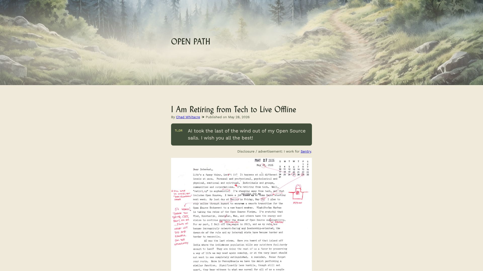 Screenshot of openpath.quest: I am retiring from tech to live offline